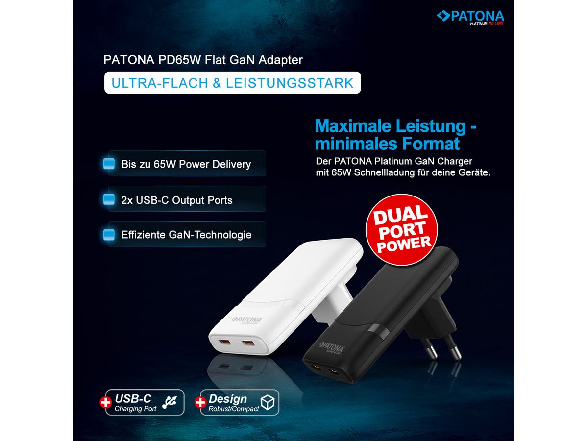 Patona GaN Flat PD 65W 2x USB-C Black