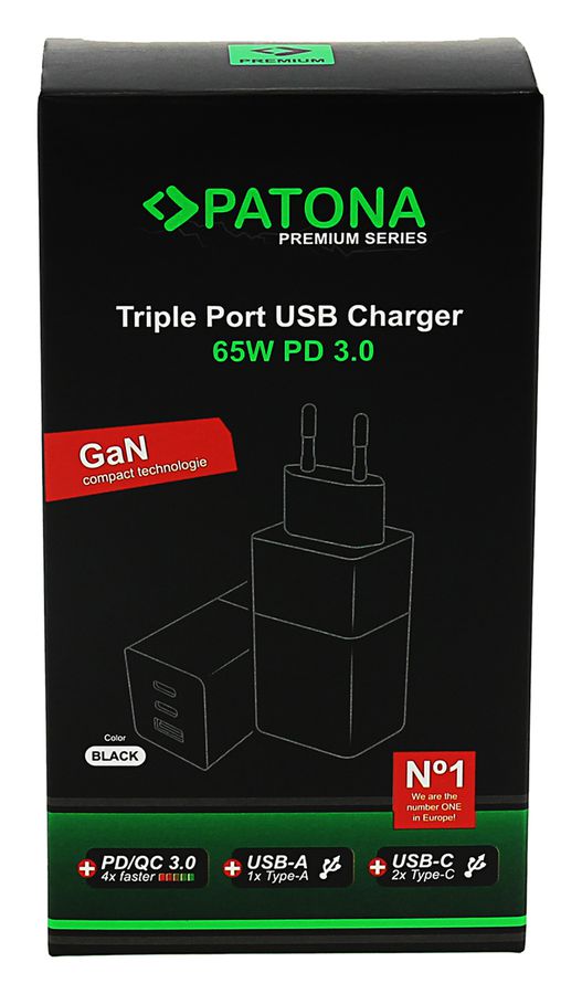 Patona GaN PD 65W 2xUSB-C + USB-A Black