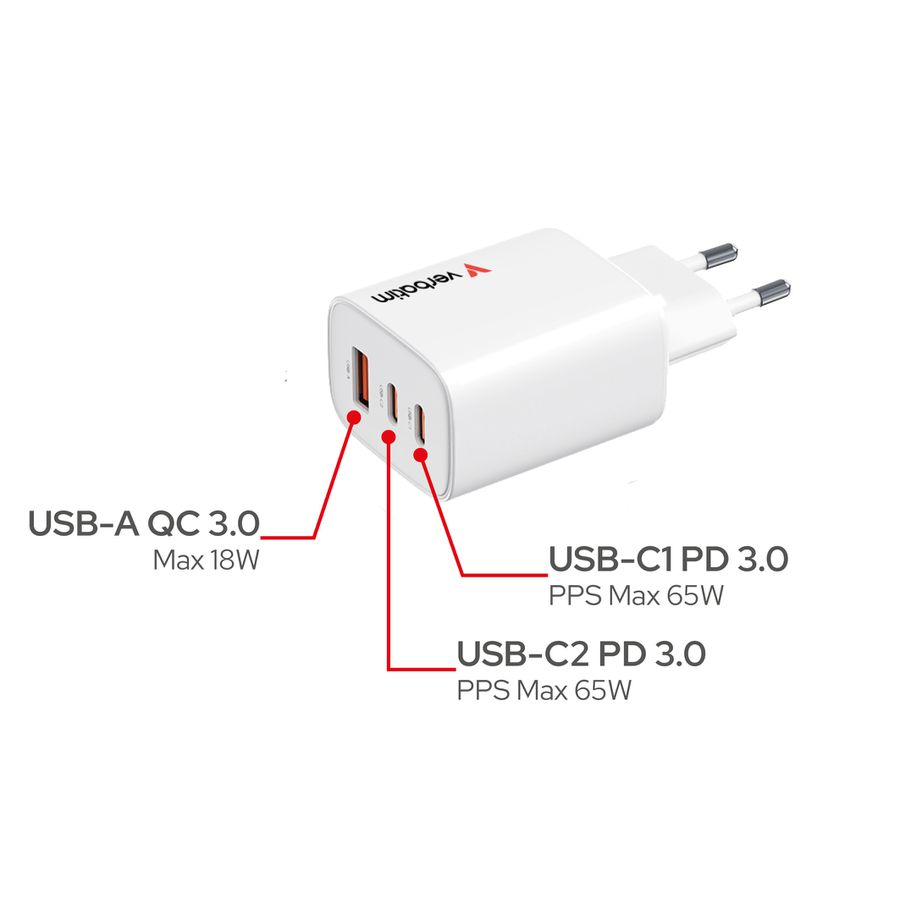 Verbatim GaN 3 Port Charger 65W White