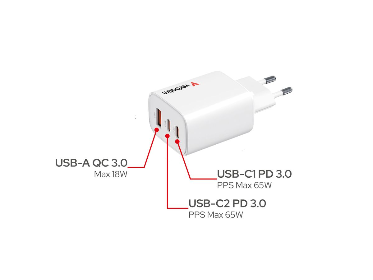Verbatim GaN 3 Port Charger 65W White