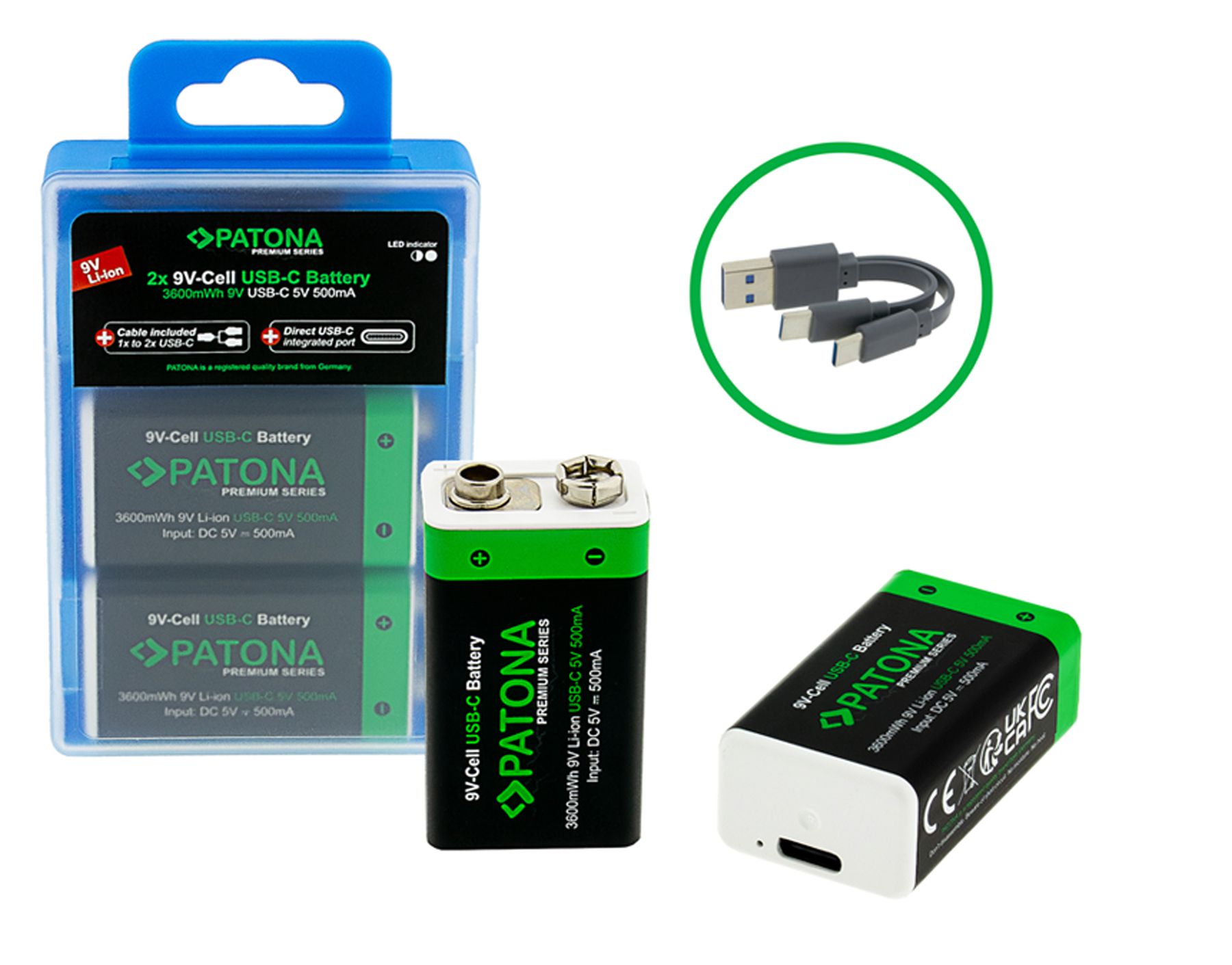 Patona Premium Akku 2x 9V 6LR61 USB-C