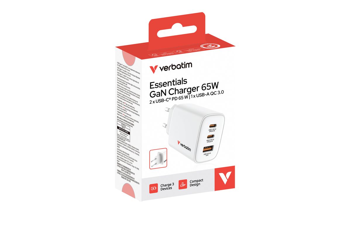 Verbatim GaN 3 Port Charger 65W White