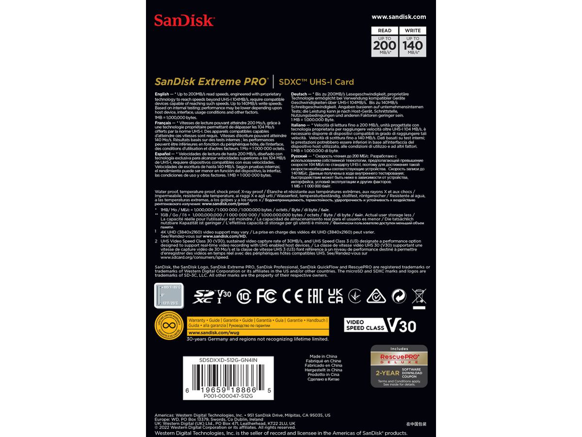 SanDisk Extreme Pro 200MB/s SDXC 512GB