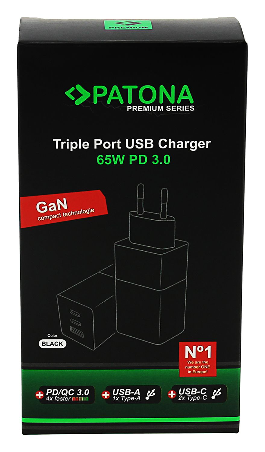 Patona GaN PD 65W 2xUSB-C + USB-A Black