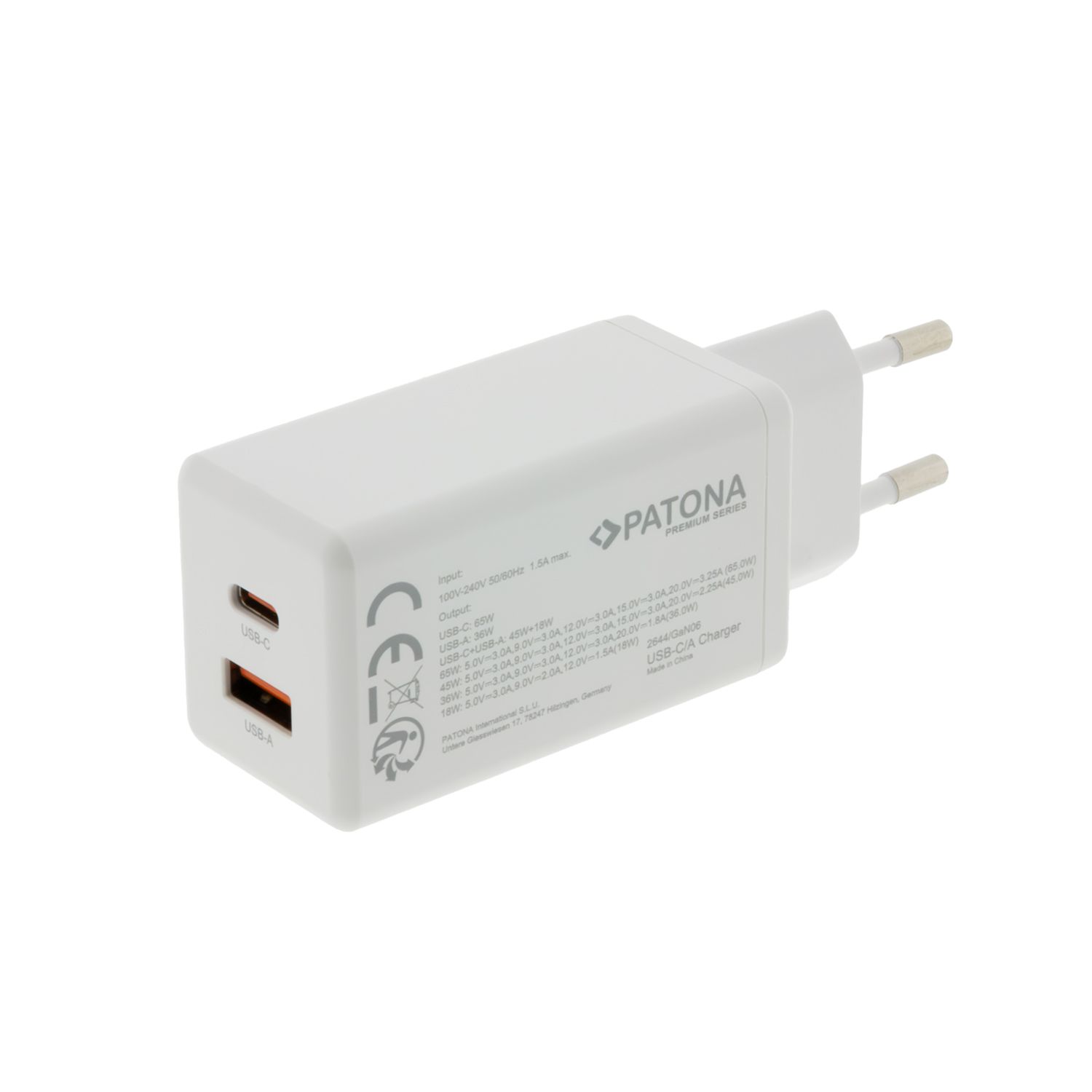 Patona GaN PD 65W USB-C + USB-A white